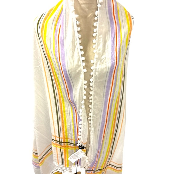 Prana NWT Unisex Stefany Sarong/Scarf Multicolor Striped, with Pom Pom Trim - Picture 2 of 7